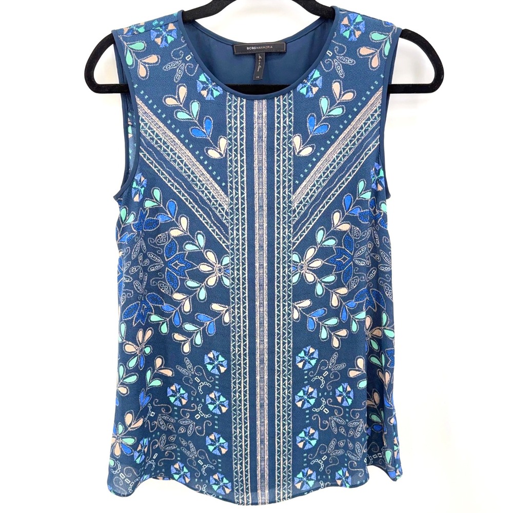 BCBGMAXAZRIA Blue Art Deco Geometric Sleeveless‎ Shell Blouse XS Career Top